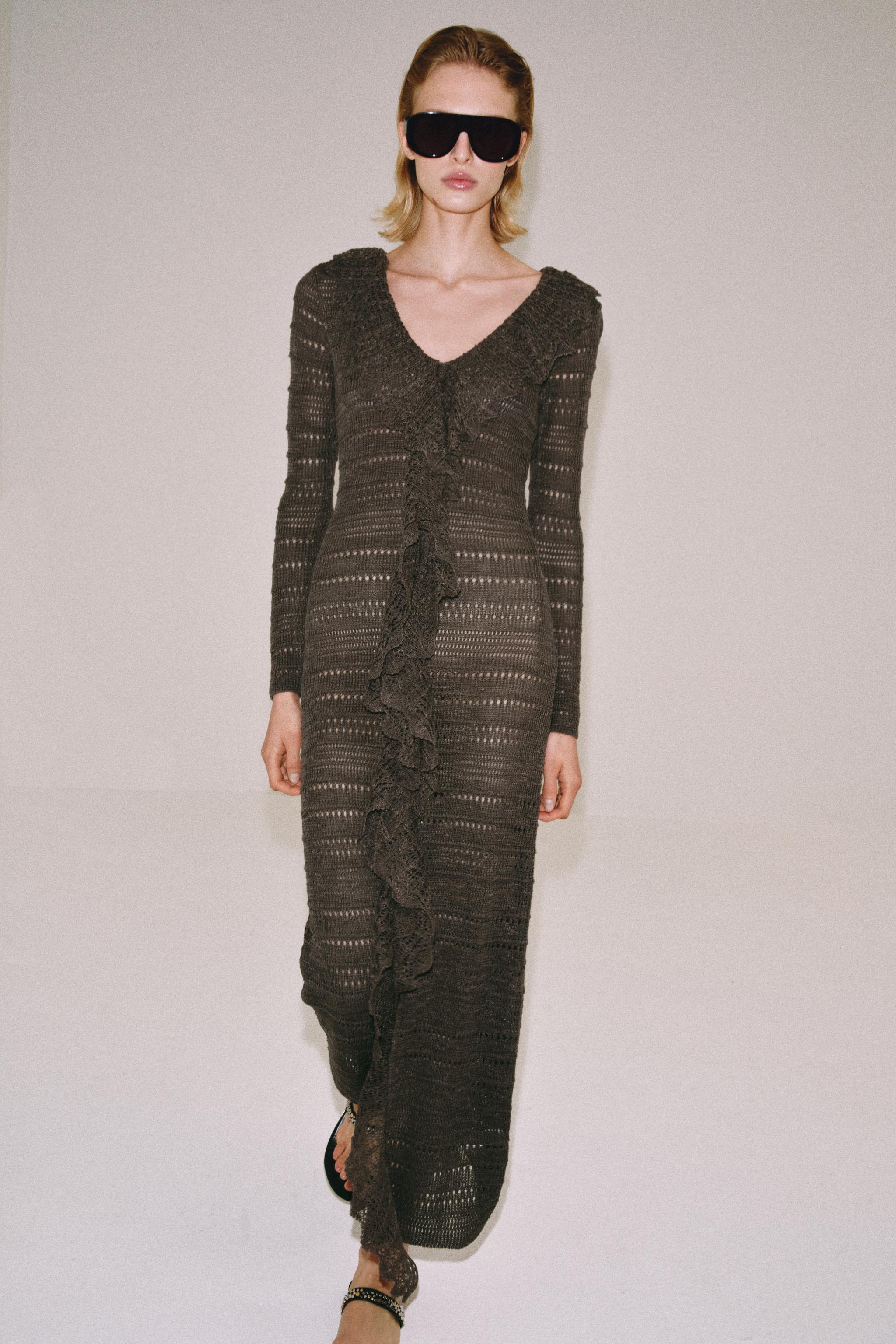 POINTELLE KNIT RUFFLED DRESS